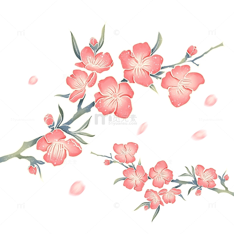中国风国潮春季桃花樱花树枝手绘元素
