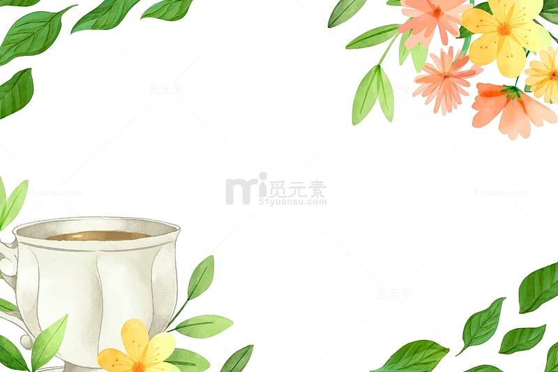 春天茶叶鲜花茶杯元素边框