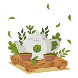 茶桌茶台茶具清新手绘元素