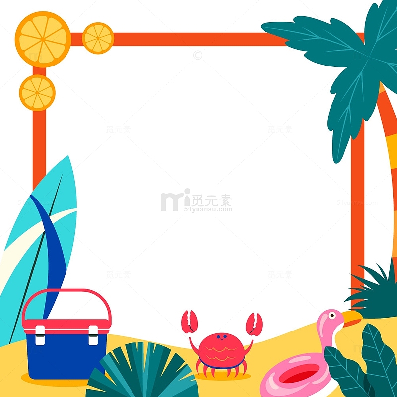 沙滩螃蟹椰树卡通边框文本框