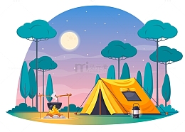 夏季夜晚户外帐篷露营野营插画