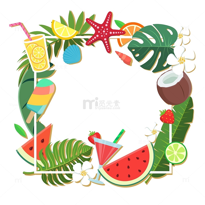 热带水果绿植扁平卡通插画边框