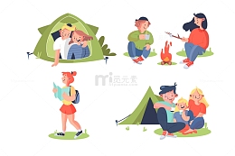 亲子情侣露营户外探险卡通插画