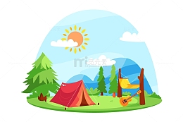 夏日户外露营小场景插画