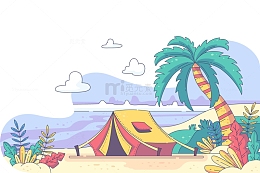 海边沙滩露营度假清新插画
