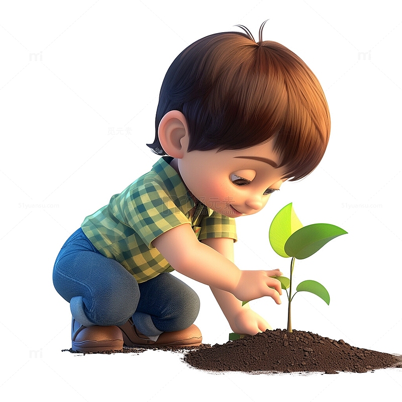 3D男孩子在照顾植物盆摘