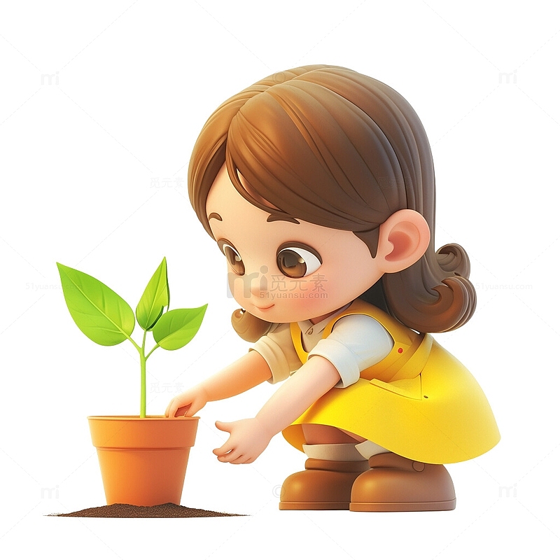 3D女生在照顾植物盆摘