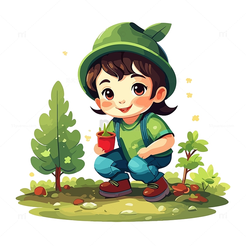 可爱儿童植树节树木扁平风插画