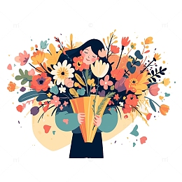 小女孩手抱着一束鲜花插画素材