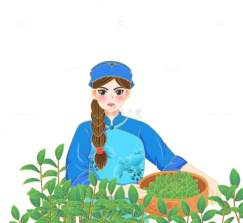 卡通矢量采茶女插画蓝色女孩