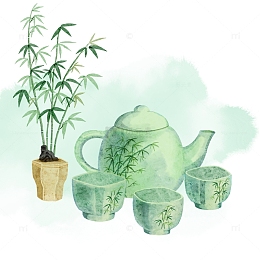 水彩风茶具茶杯元素