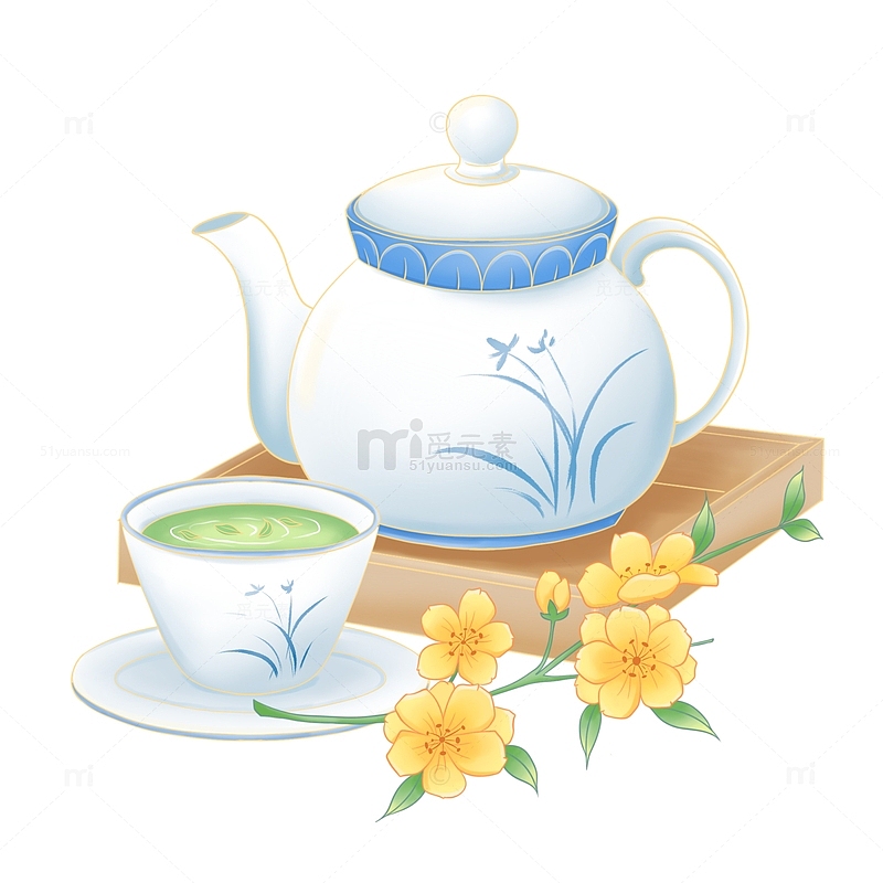 白色陶瓷茶具茶杯品茶插画元素
