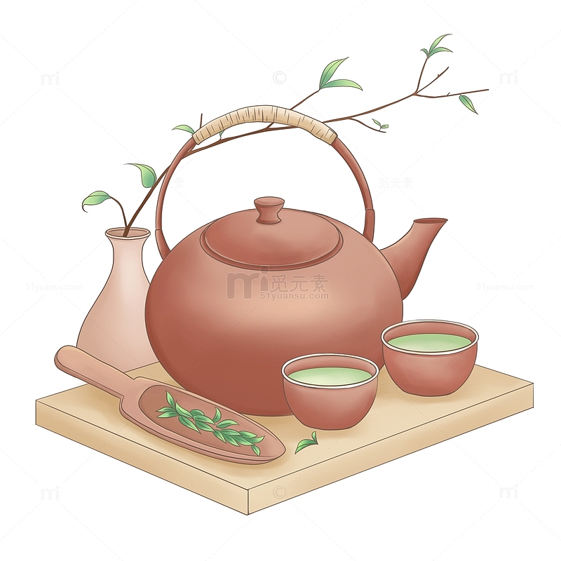 古典中式茶具盆栽茶文化品茶插画