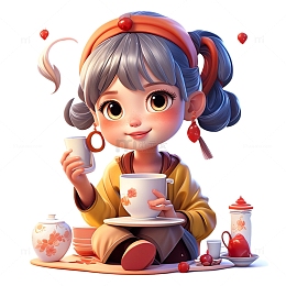 3D立体女孩喝茶花朵3