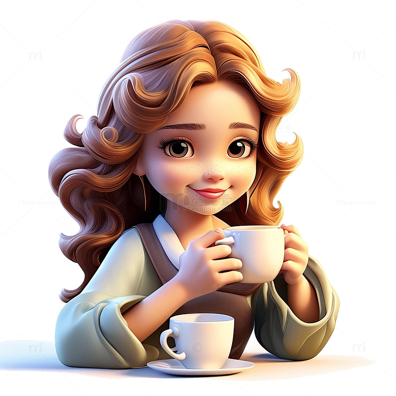 3D立体女孩喝茶花朵2