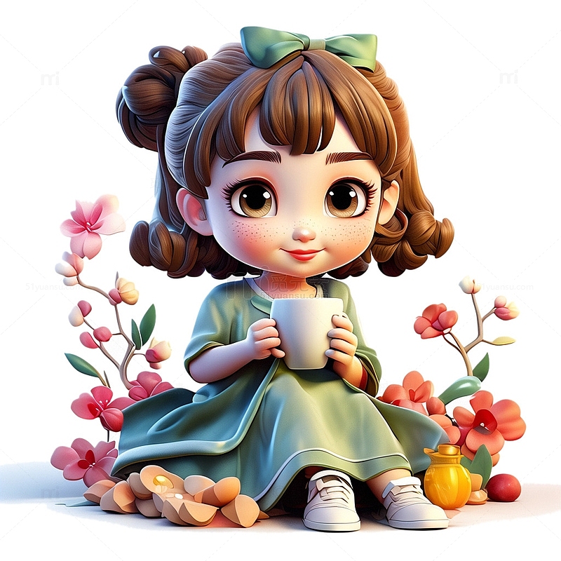 3D立体女孩喝茶花朵