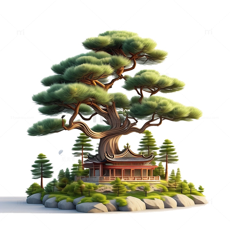 3D立体松树中国风亭子
