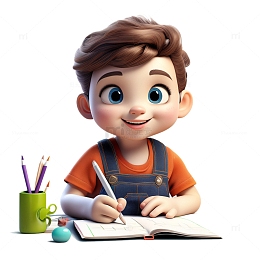 3D立体男孩写作业插画3