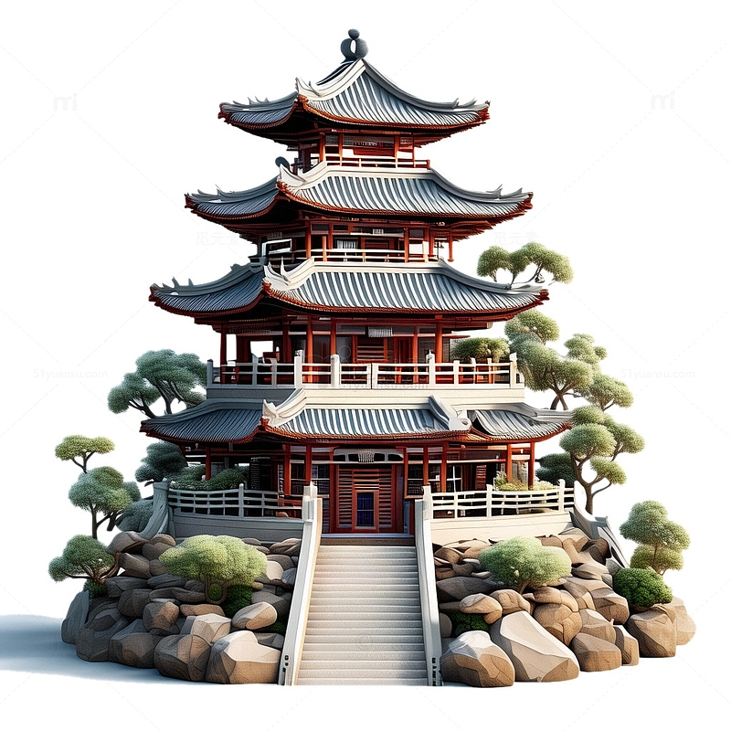 3D立体塔中国风插画3