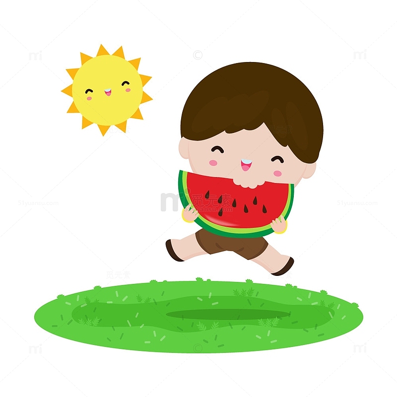 夏季草坪上吃西瓜的男孩