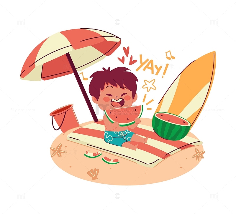 儿童沙滩海滩度假吃西瓜夏至插画