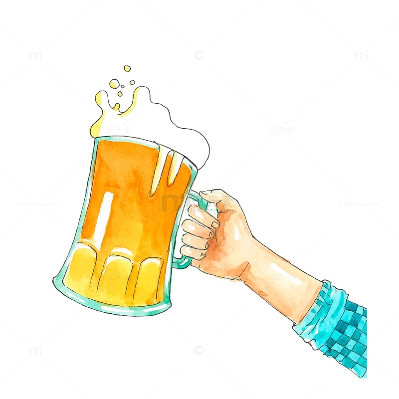 手举啤酒杯手绘插画