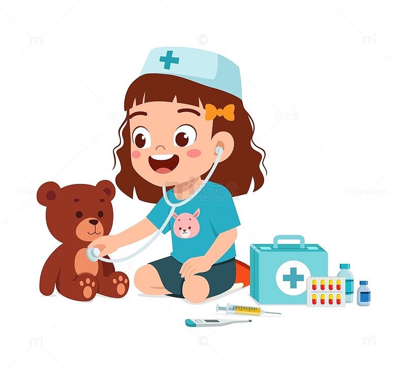 小女孩跟玩具熊玩医生游戏