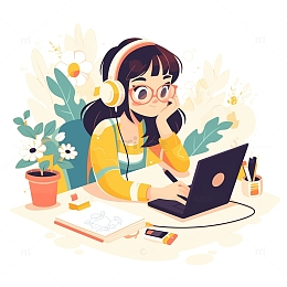 戴着耳机学习的女孩