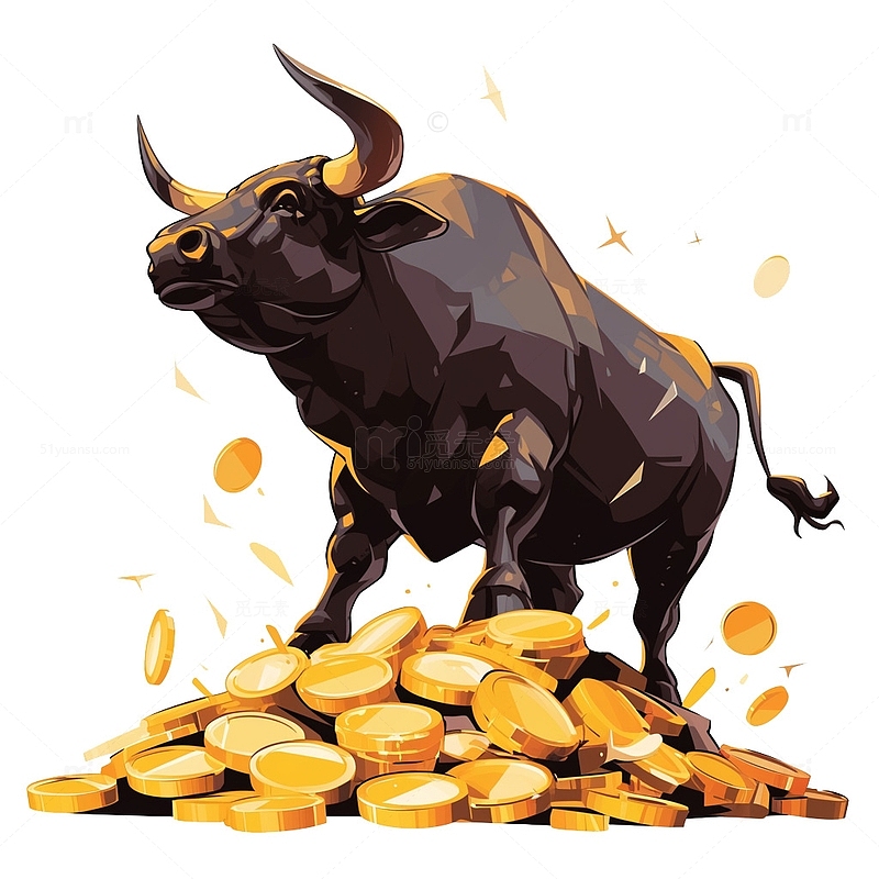 公牛站在金币堆上股市牛市形象