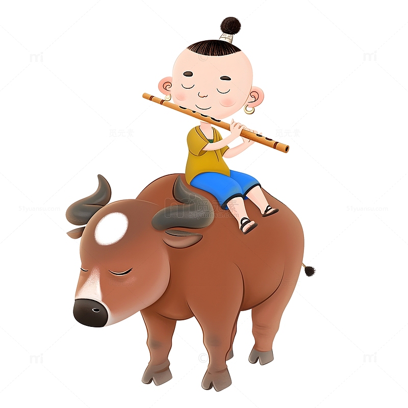 牧童在牛背上吹笛子素材