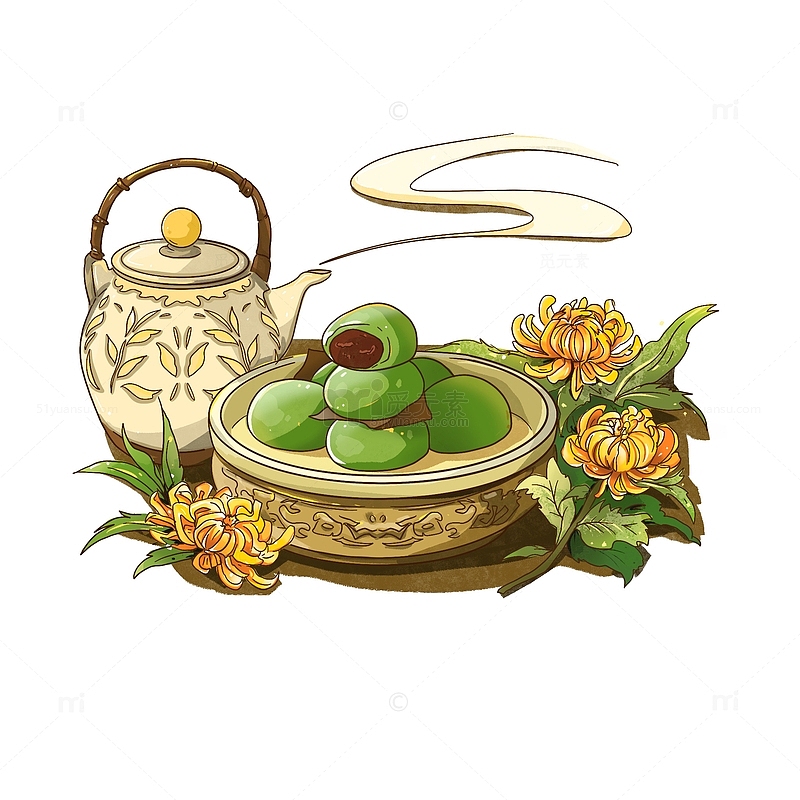 青团菊花清明茶壶手绘元素