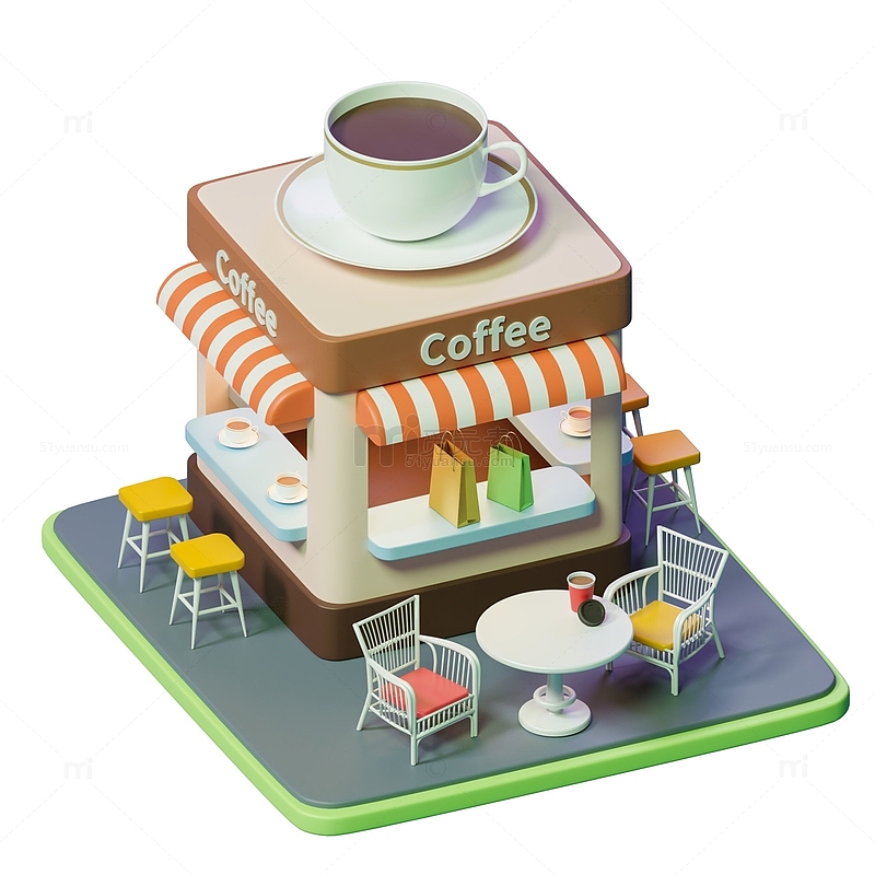 3D立体卡通咖啡店小场景房屋模型