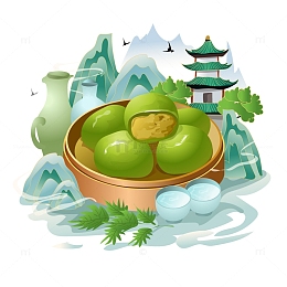 浅绿色国潮手绘清明节青团山水酒壶艾草