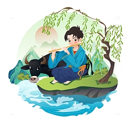 浅蓝色卡通风格清明节牧童柳树牛