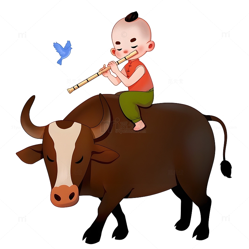 骑在牛背上的小牧童插画