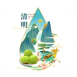 清明节山水场景国潮插画风