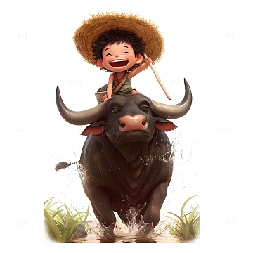 骑在牛背上的可爱小牧童