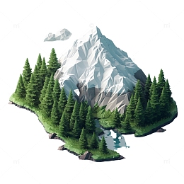 山峰树木流水3D元素