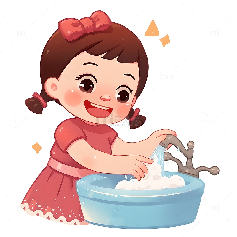 可爱小女孩洗手插画风格