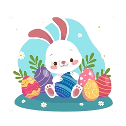 抱着彩蛋的卡通小兔子