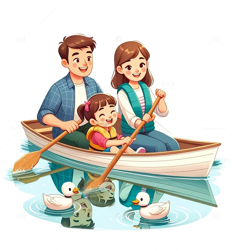 一家人郊外划船卡通插画
