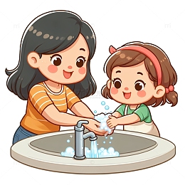 年轻的妈妈教小女孩洗手