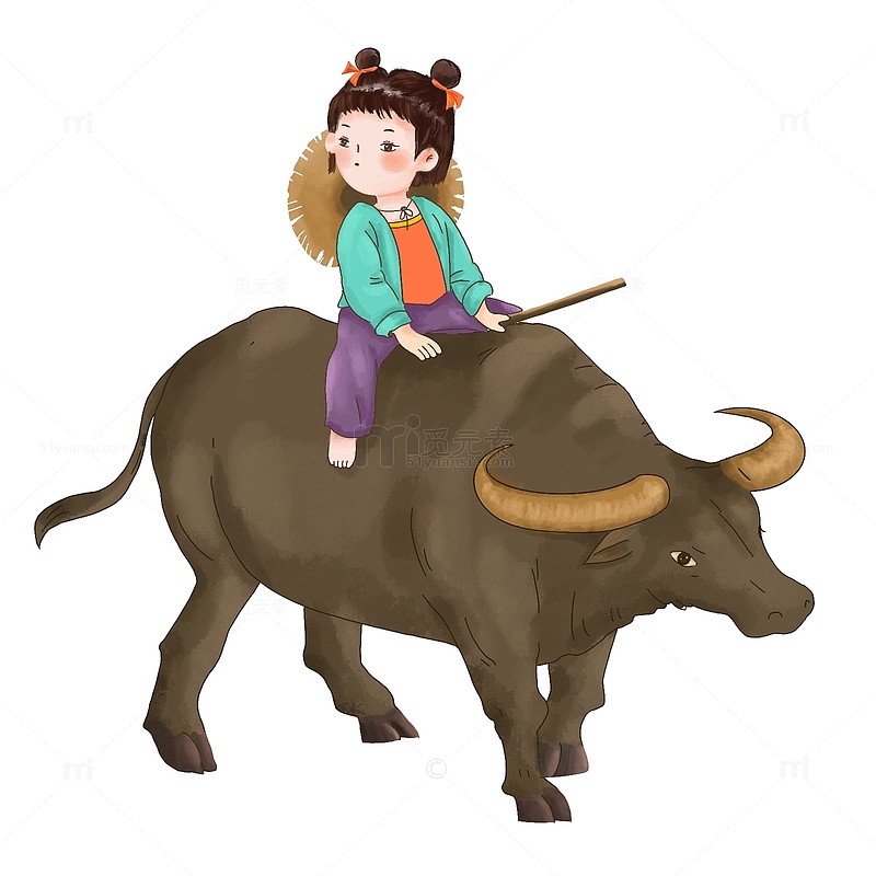 牧童儿童水牛清明节放牛手绘卡通