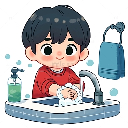 卡通风格小男孩洗手素材