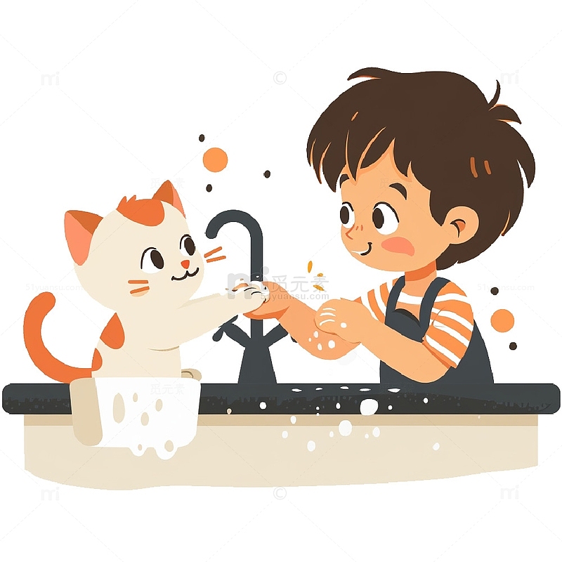 小猫和小男孩一起洗手