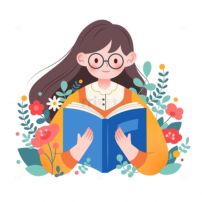 扁平风在读书日花丛中看书阅读的戴眼镜女孩