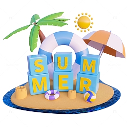 3D卡通夏天沙滩海滨度假元素