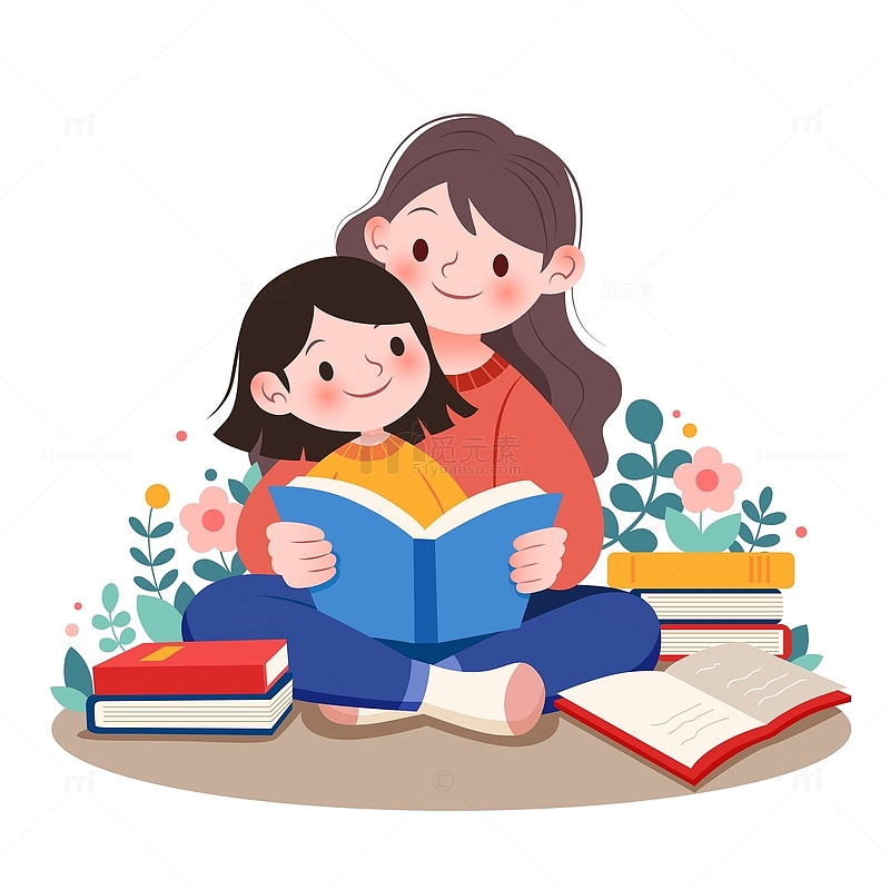 扁平风孩子和妈妈一起看书亲子阅读学习