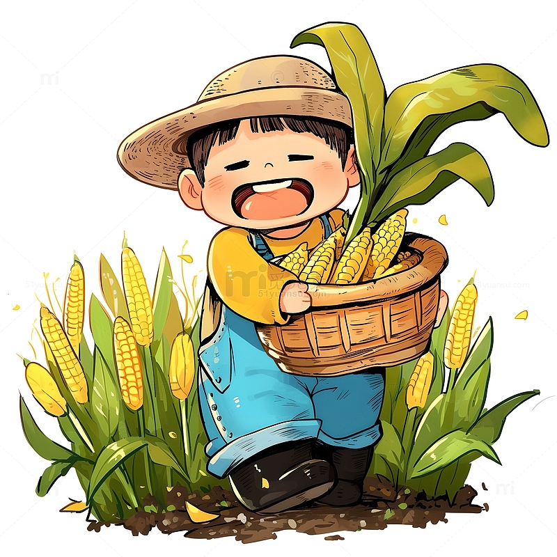摘玉米的农场小男孩卡通风格