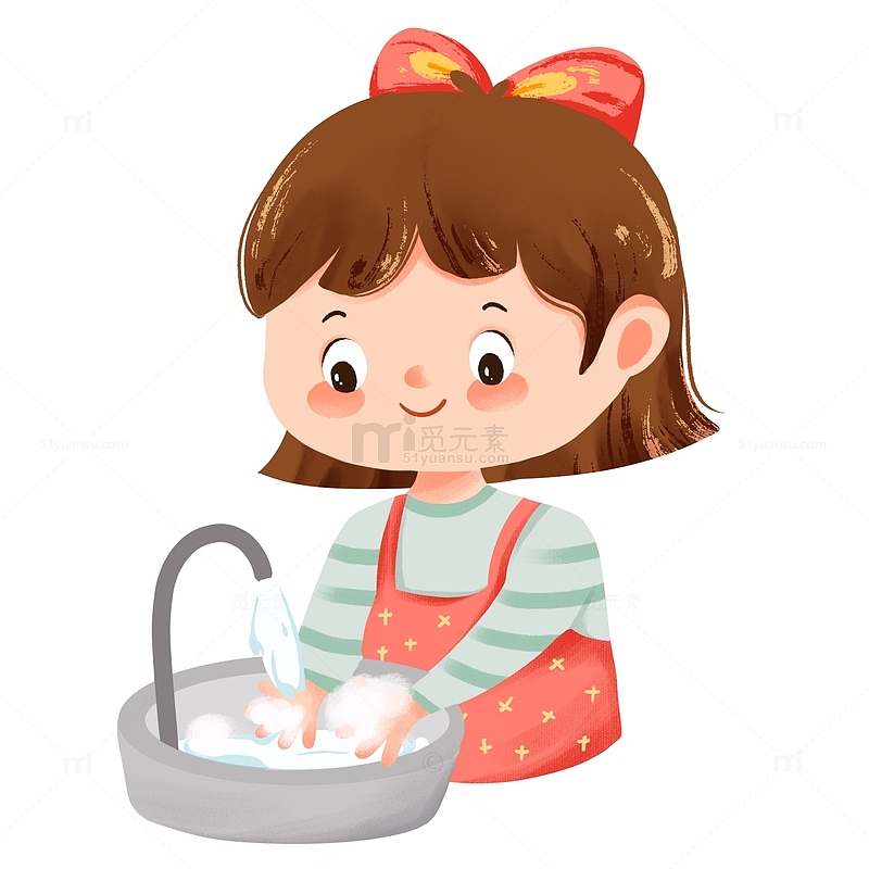 手绘卡通小女孩洗手